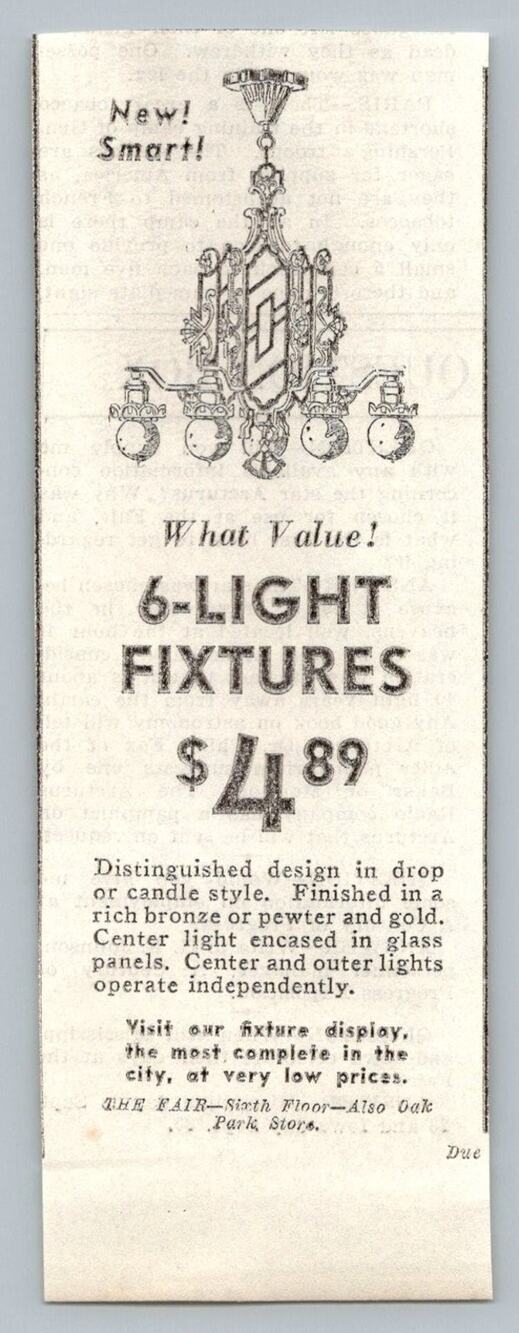 1933 The Fair Dept Store Chandelier Lighting Fixture Print Ad Chicago Ephemera